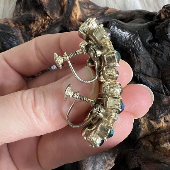 Vintage Coro Screw Back Earrings Peacock Feather Blue Green AB Aurora Borealis - Picture 10 of 11